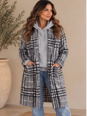 a new day Gray Plaid Long Trench Coat